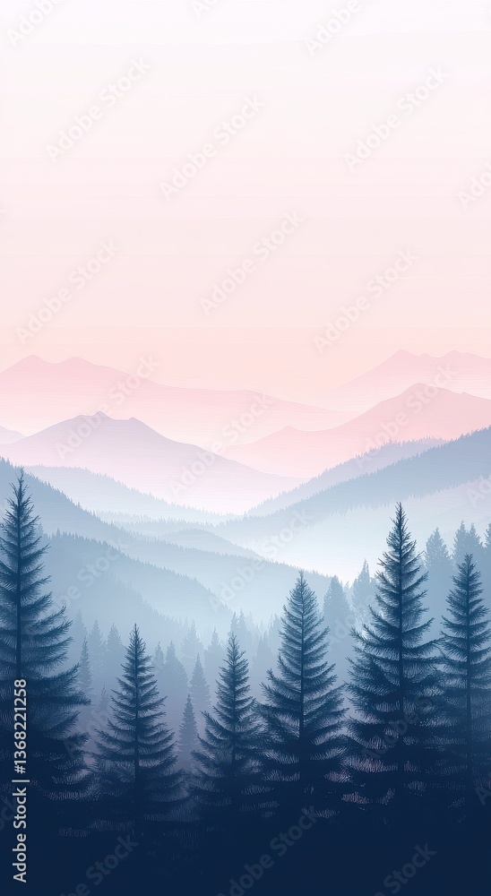 Fototapeta premium Beautiful misty morning landscape with a foggy forest, mountains, and sky background, phone wallpaper