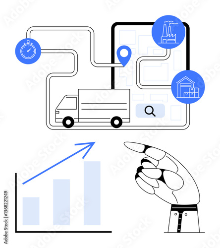 Delivery truck on navigation route, industrial and warehouse icons, tracking tools, AI robotic hand pointing at data graph. Ideal for logistics, transport, efficiency, planning, AI automation data