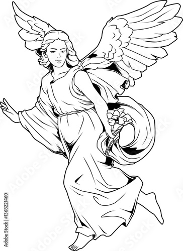 Erzengel Gabriel mit Blumenstrauß in eleganter Pose, religiöses Symbol himmlischer Botschaft.