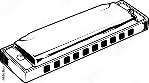 Mundharmonika in Schwarz-Weiß, Musikinstrument mit einfacher Konturzeichnung.