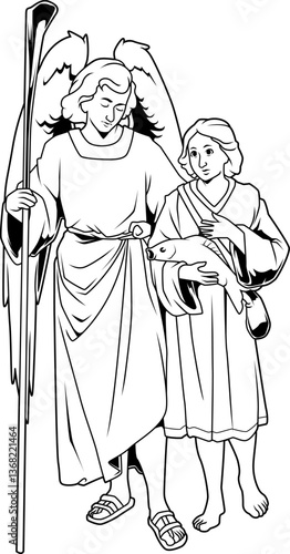 Erzengel Raphael begleitet Tobias mit Fisch, religiöse Schwarz-Weiß-Zeichnung mit spiritueller Bedeutung.