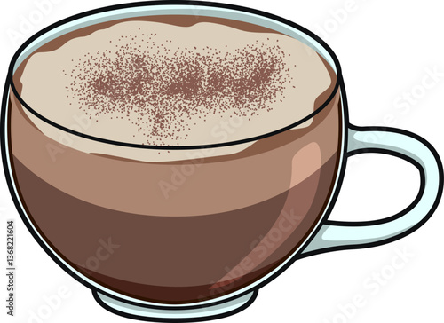 Mocha mit Milchschaum und Kakaopulver in einer Glastasse serviert, schokoladig und cremig, isoliert auf weißem Hintergrund.