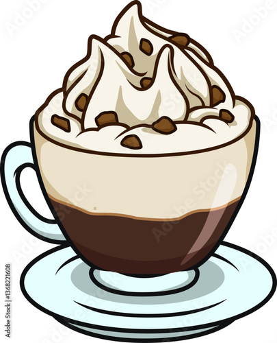 Wiener Kaffee mit Schlagsahnehaube und Schokostückchen in einer Tasse auf Untertasse, isoliert auf weißem Hintergrund.