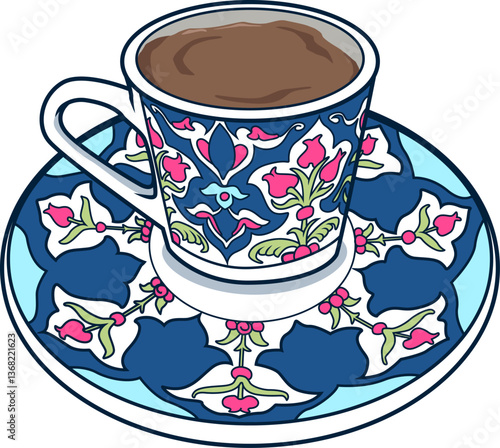 Türkischer Kaffee in kunstvoll verzierter Tasse mit passender Untertasse, traditionell serviert und isoliert dargestellt.