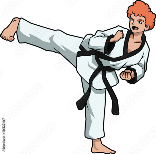 Junger Hapkido-Kämpfer mit schwarzem Gürtel führt energischen Tritt aus, isoliert auf weißem Hintergrund.