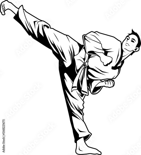 Hapkido-Kämpfer in hoher Kickposition mit fokussiertem Blick, kraftvolle Pose, isoliert auf weißem Hintergrund.