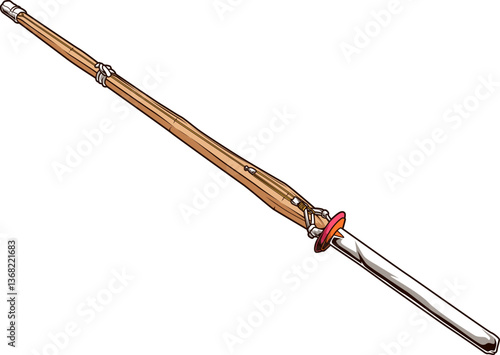 Shinai aus Bambus mit rotem Tsuba, traditionelles Übungsschwert für Kendo, isoliert auf weißem Hintergrund.