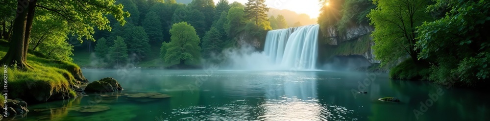 Fototapeta premium Tranquil morning view of Plitvice National Park, with lush green forest, cascading waterfall, and picturesque Croatian countryside landscape, morning, tranquil