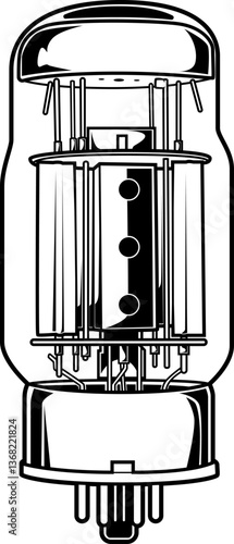 Schwarz-weiße Darstellung einer Elektronenröhre KT88 mit detailliertem Innenaufbau, ideal für Retrodesigns und technische Illustrationen.