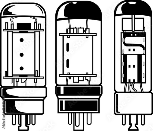 Drei schwarze Vakuumröhren im technischen Stil auf weißem Hintergrund, ideal für Retrodesigns, Musiktechnik oder Elektronikthemen.