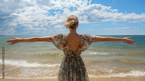 Woman in a floral dress stands with arms outstretched by the beach, enjoying the serene ocean view under a cloudy sky