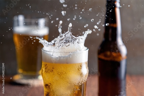 Wallpaper Mural Splashing brew in a chilled glass on a rustic table during a joyful evening gathering Torontodigital.ca