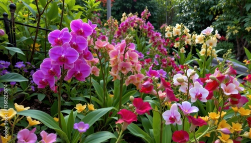 Wallpaper Mural Orchids and other exotic flowers bloom in brilliant shades of purple, red, and yellow, adding pops of color to the lush green landscape. Torontodigital.ca