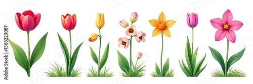 Wallpaper Mural Various flat icon set of garden flowers and grass isolated on white background Rose, tulip, orchid, Espatifilo, bells flowers, Bellis perennis, bulb flowers included,  Espatifilo,  rose Torontodigital.ca