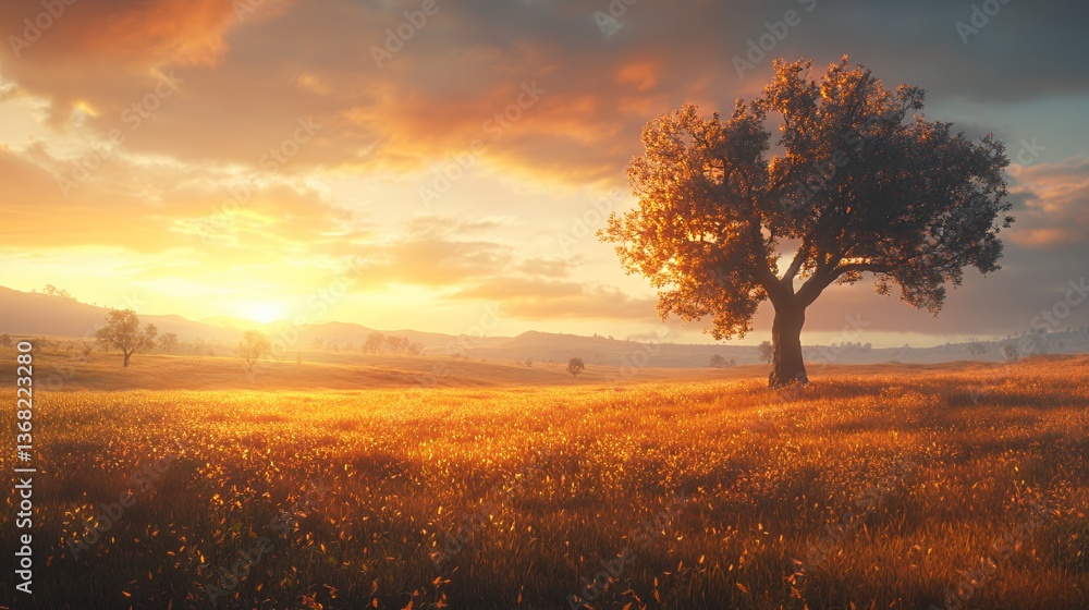 Fototapeta premium A majestic solitary tree stands in a golden field at sunset.
