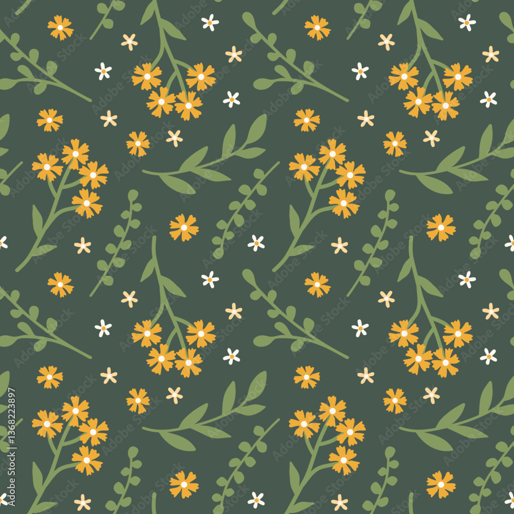 Floral seamless pattern with ornament consisting of simple illustrations of yellow flowers on a green background in a flat style. Floral seamless pattern with ornament consisting of simple illustrations of yellow flowers on a green background in a flat style.