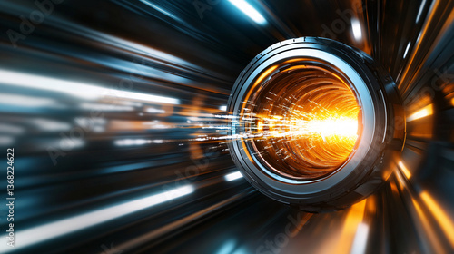 futuristic wormhole with glowing orange and blue lights creates dynamic, sci fi atmosphere, suggesting connection between distant points in space