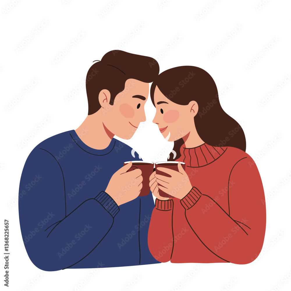 Couple sharing warm drinks in cozy setting flat vector art Couple sharing warm drinks in cozy setting flat vector art
