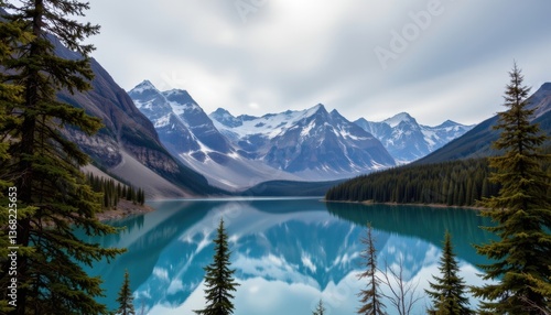 The snow capped peaks of the mountains contrasted beautifully with the deep blue hues of the lake.