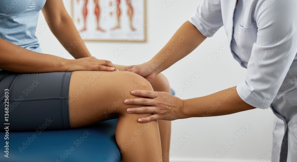 Fototapeta premium Physical therapist examining patient's knee in clinic setting