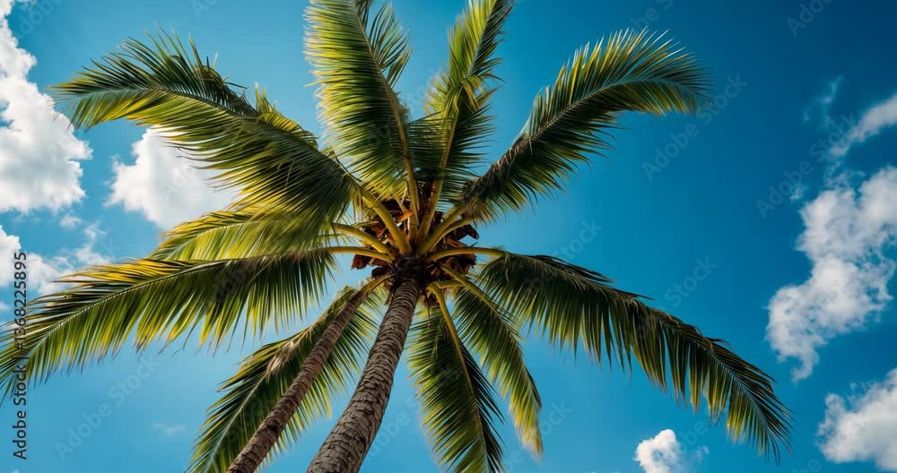 custom made wallpaper toronto digitalCoconut palm tree set against a blue sky backdrop. Low angle perspective of palm trees rising towards a blue sky on a sunny day.