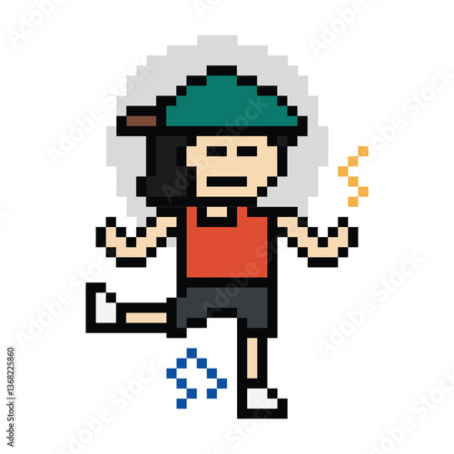 Cute cartoon pixel character cute man exercises training aerobic dance lifestyle music decoration life style 8 bit male boy dance with music game 8bit fitness isolated PNG vector.