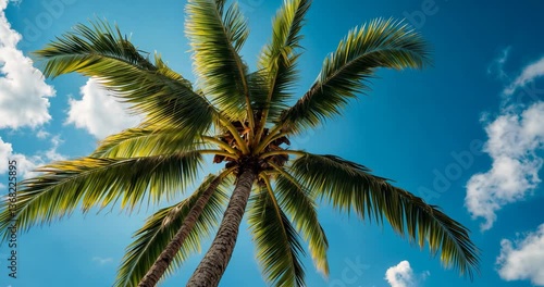 Wallpaper Mural Coconut palm tree set against a blue sky backdrop. Low angle perspective of palm trees rising towards a blue sky on a sunny day. Torontodigital.ca