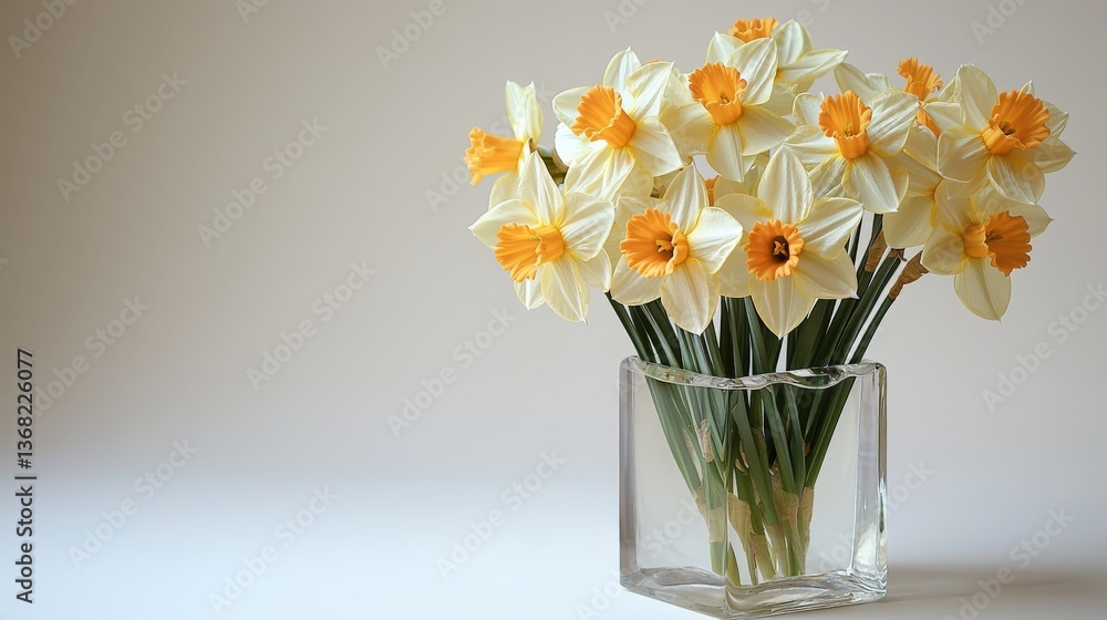 Transparent cube-shaped vase with yellow daffodils arranged beautifully on white backdrop Transparent cube-shaped vase with yellow daffodils arranged beautifully on white backdrop