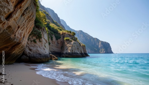 A hidden oasis nestled between towering cliffs, with crystal clear waters lapping at the shore.