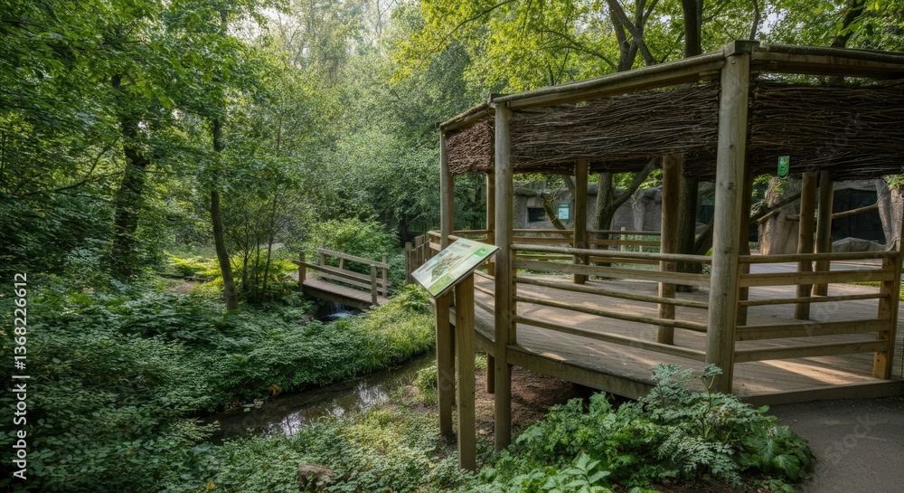 Wooden bridge and viewing area in lush, green forest Wooden bridge and viewing area in lush, green forest