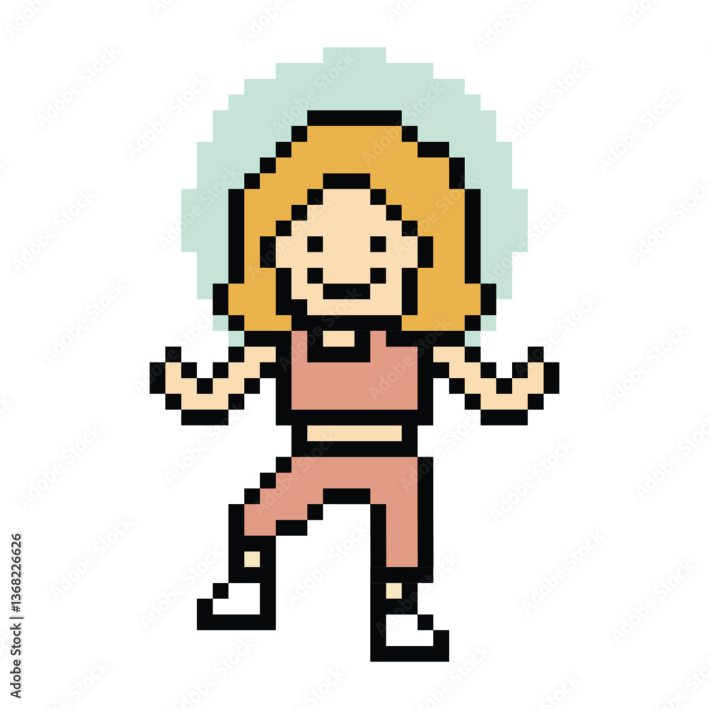 Fototapeta premium Cartoon pixel character cute woman exercises training dance lifestyle music decoration life style 8 bit female girl dance with music game 8bit fitness isolated PNG vector.