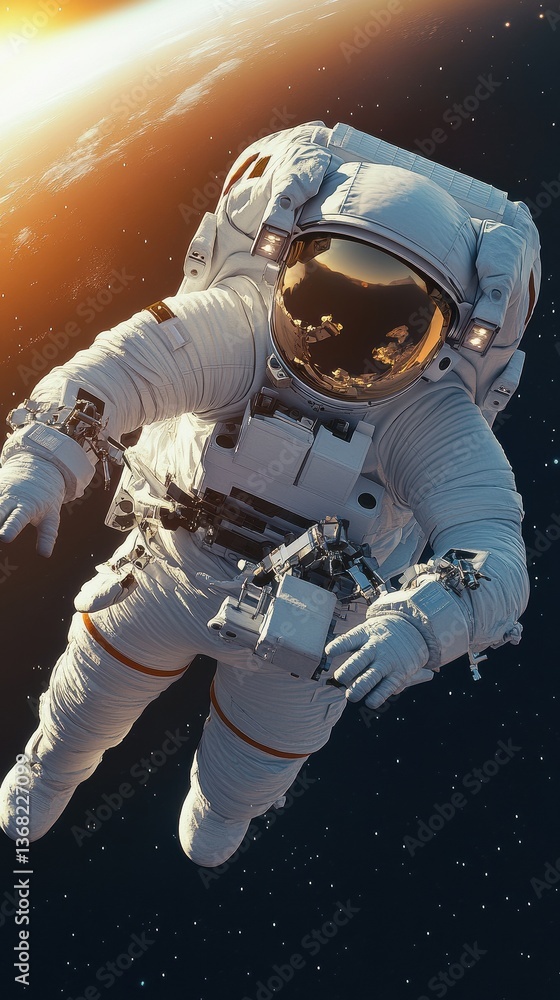 Fototapeta premium An astronaut floating in space, with Earth's horizon visible behind them, phone wallpaper