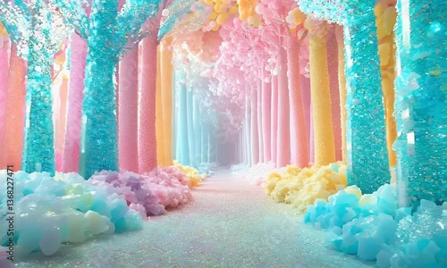 forest of towering, bubblegum-colored candy-covered trees, glittering with sugar crystals