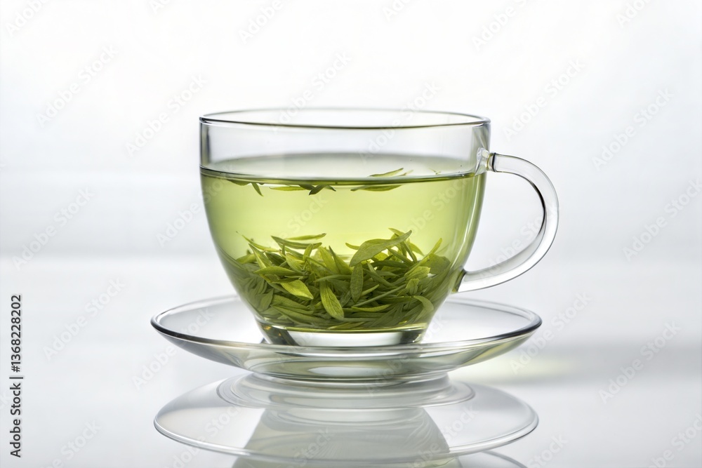 Elegant Glass Tea Cup with Green Tea Leaves on Saucer, White Background Elegant Glass Tea Cup with Green Tea Leaves on Saucer, White Background