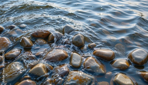 The slow, steady motion of the water gently washing over the smooth, rounded stones.