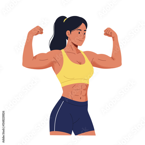 Strong woman flexing muscles in minimal flat design vector art
