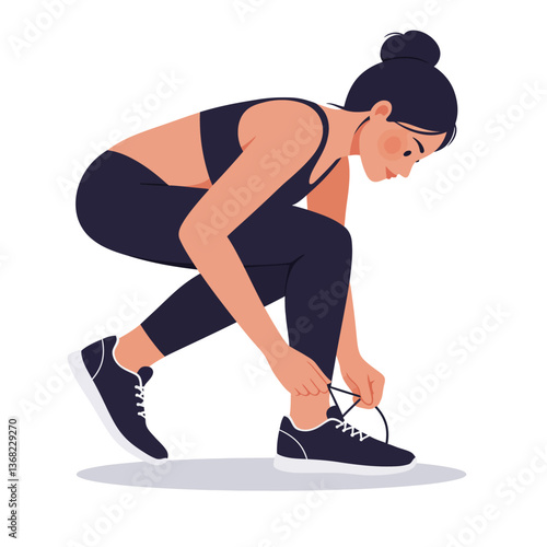 Woman tying her shoelaces in a flat minimal style vector art