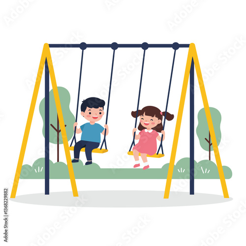 Children enjoying swings in a playground with flat design vector art