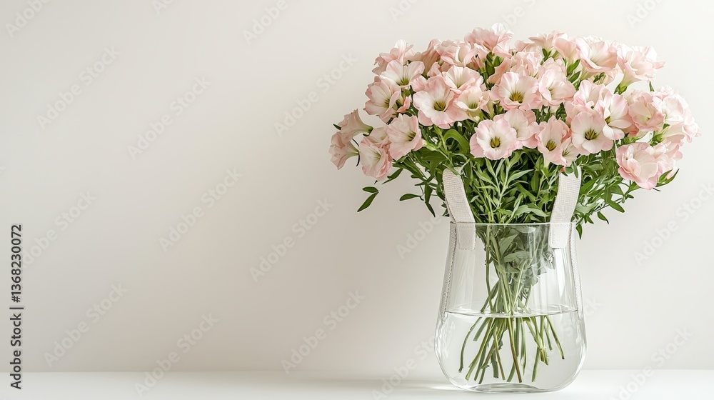 Compact clear glass vase resembling a tote bag with pink lisianthus flowers displayed Compact clear glass vase resembling a tote bag with pink lisianthus flowers displayed