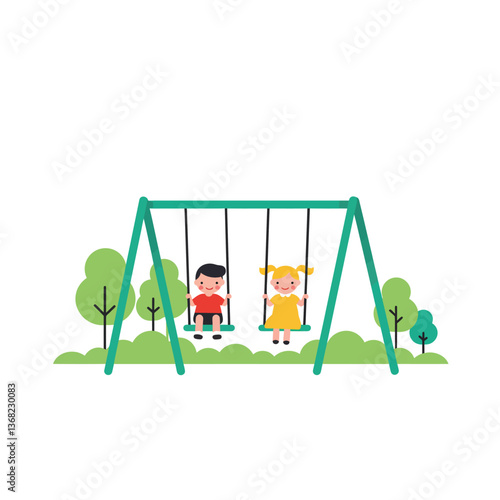 Children playing joyfully on swings in a flat and colorful vector illustration
