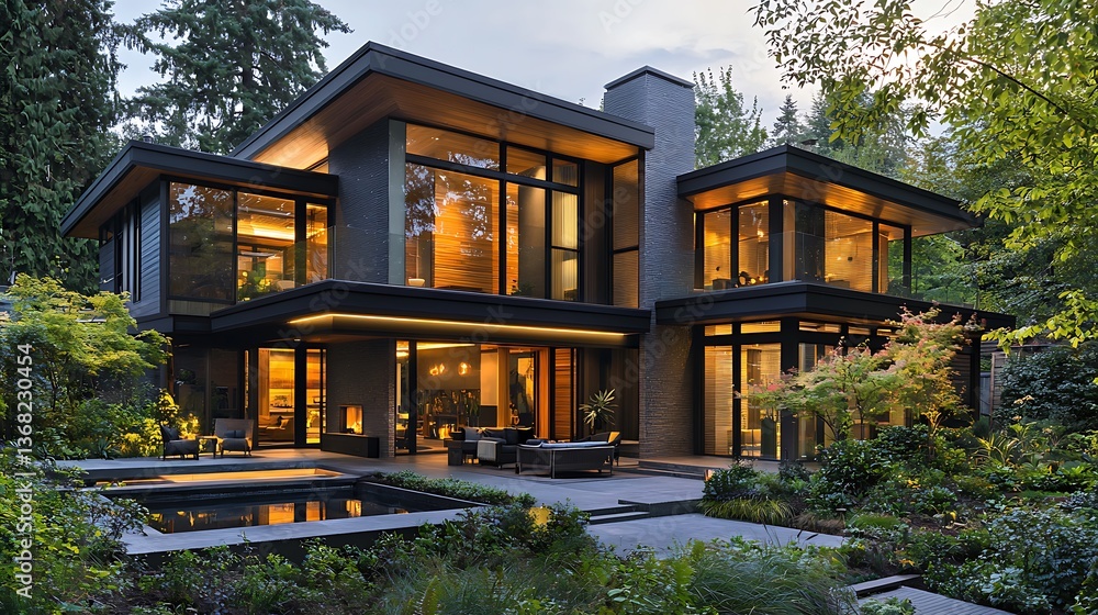 Fototapeta premium Modern Luxury Home Exterior Night View Contemporary Architecture Large Windows Landscaping