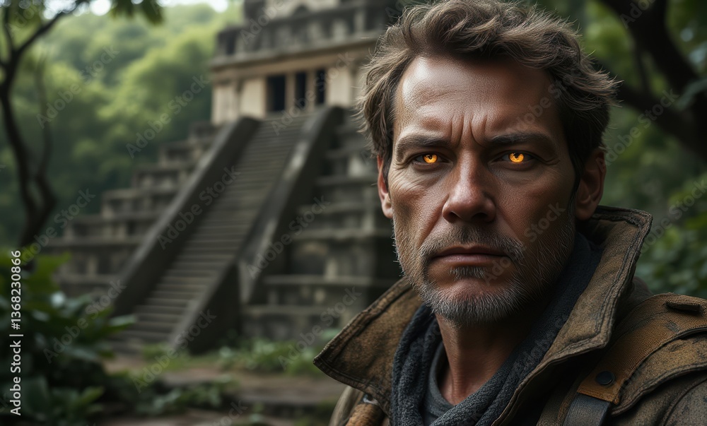 Intense explorer in mystical jungle Intense explorer in mystical jungle