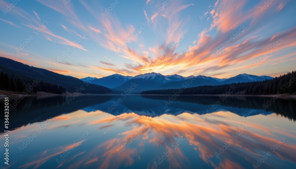 Obraz premium The glassy lake showcases the beauty of the dawn sky in a breathtaking display of natural artistry, capturing the essence of a new day dawning.