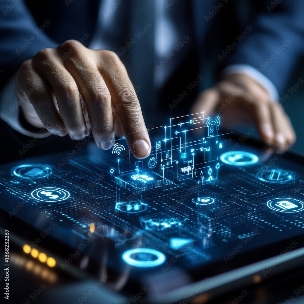 Modern Interface Interaction: Man using digital tablet for advanced technologies and data management. Modern Interface Interaction: Man using digital tablet for advanced technologies and data management.