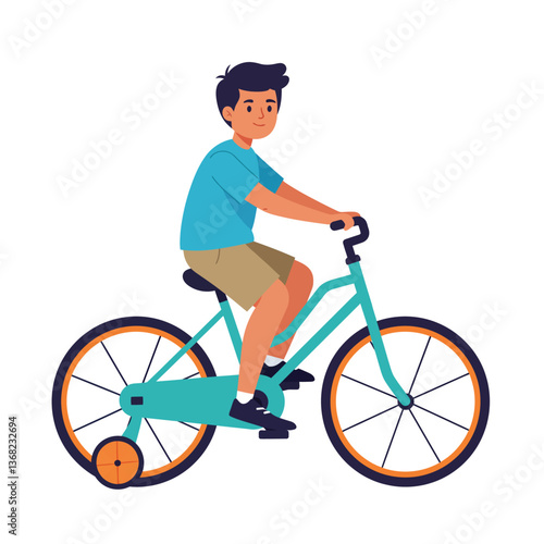 Boy riding a bicycle in flat minimal style vector art
