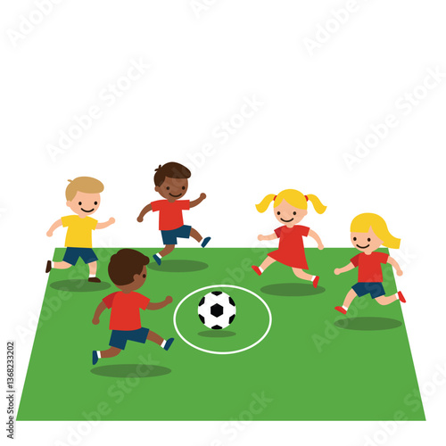 Children playing soccer in a vibrant flat style vector art