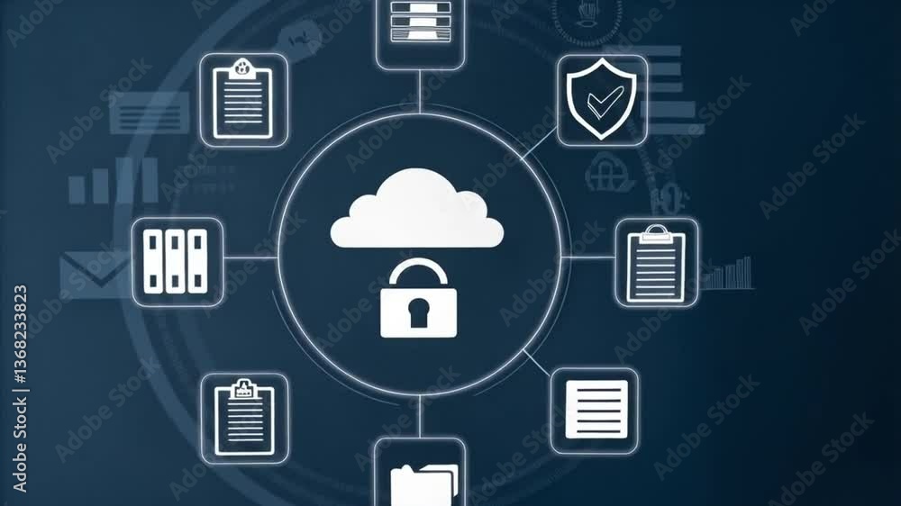 Hand touching cloud icon with padlock and data icons on blue background in a digital interface Hand touching cloud icon with padlock and data icons on blue background in a digital interface