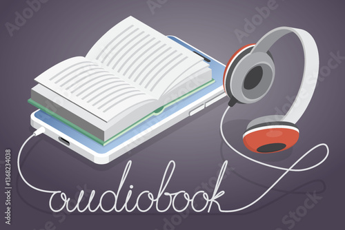 3d flat vector isometric illustration of an audiobook. Headphones are connected to a smartphone with a book open. Isolated on dark background.