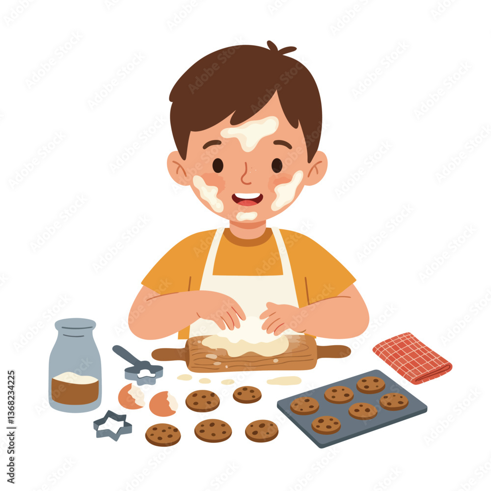 Happy child baking cookies in a cozy kitchen flat vector art Happy child baking cookies in a cozy kitchen flat vector art