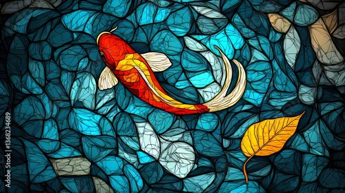 Vibrant stained glass illustration of a single koi fish swimming in abstract water, featuring warm autumn tones and flowing organic shapes with bold aquatic design
